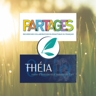 Logos des revues Partages et Théia et de Prairial sur fond d'herbe illuminée par le soleil.